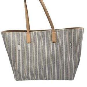 Coach Boston Striped Tote Bag Purse‎ Handbag Beige Brown Logo